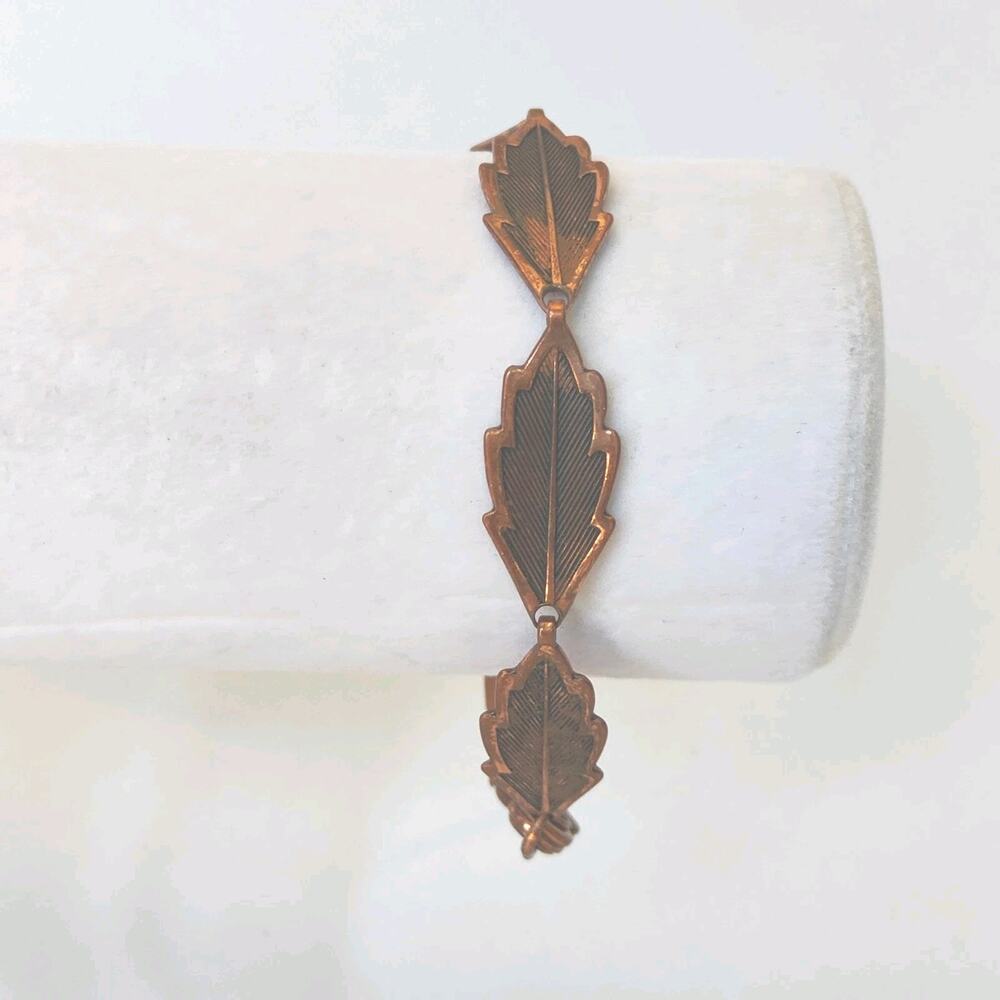 Copper Leaf Link Style Bracelet Clamp Style Clasp Approx. 7" Mid Century Vtg